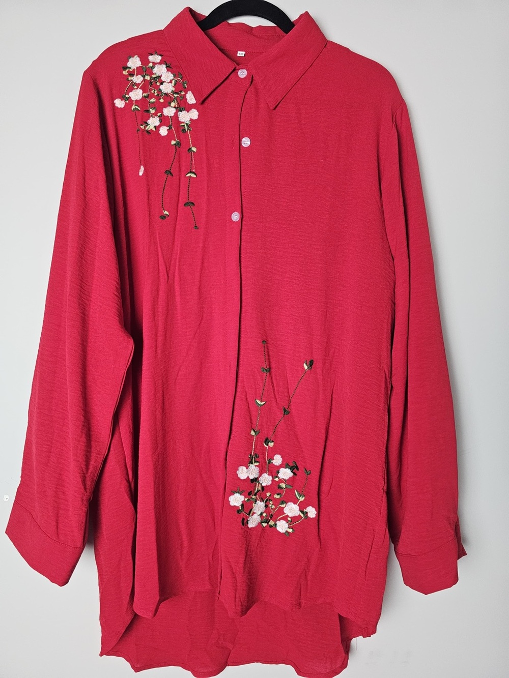 Red Embroidered Button-Up Men's Shirt